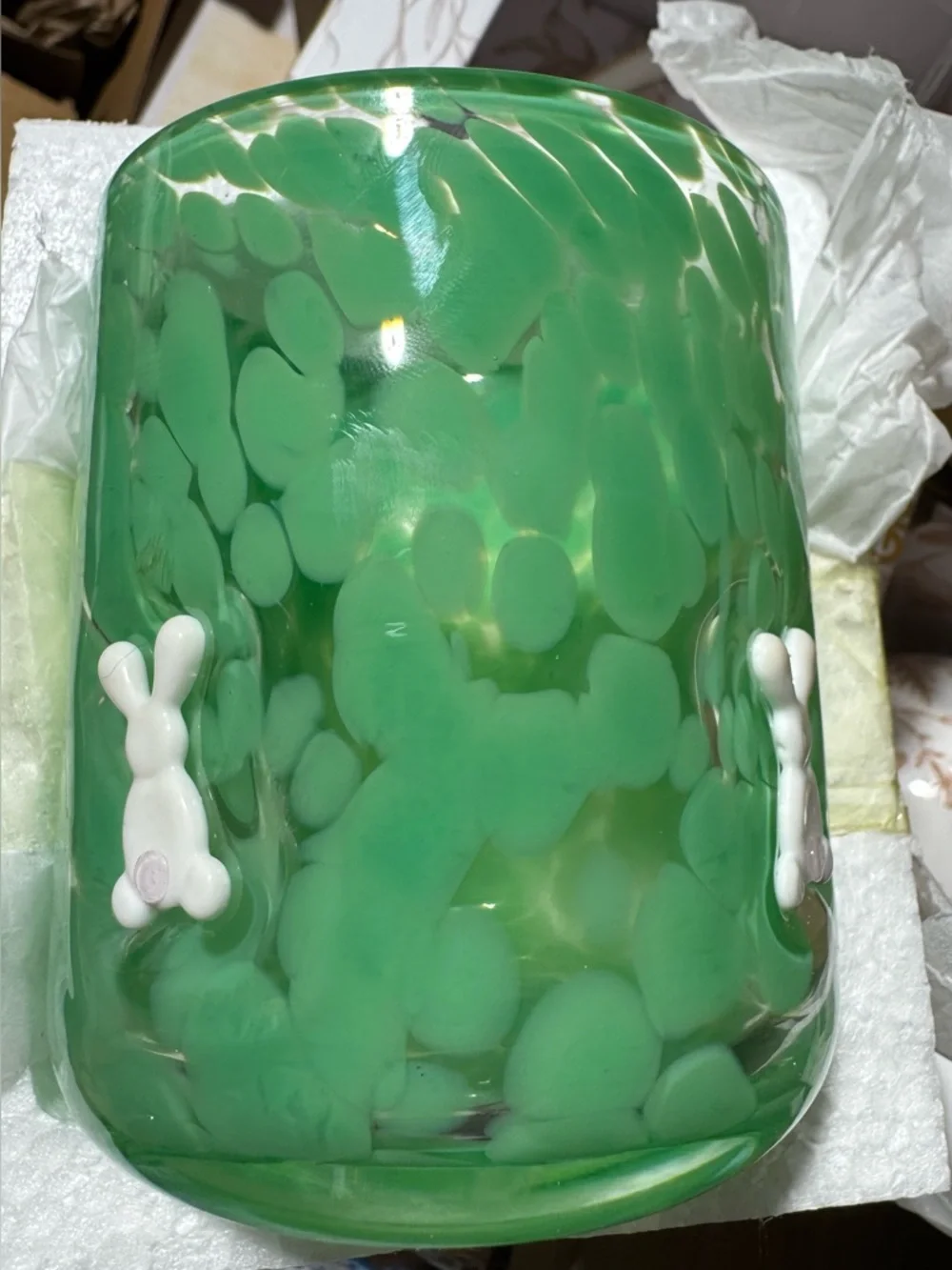 Anthropologie Icon Confetti Green Bunny Pattern Glass Tumbler NEW